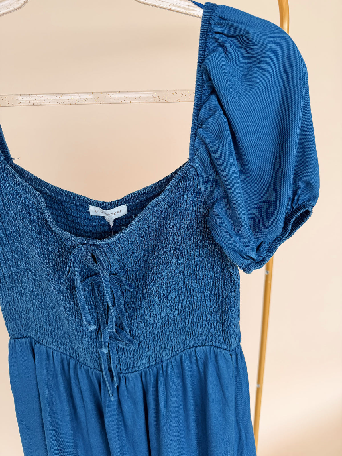Front Tie Puff Sleeve Dress Chambray