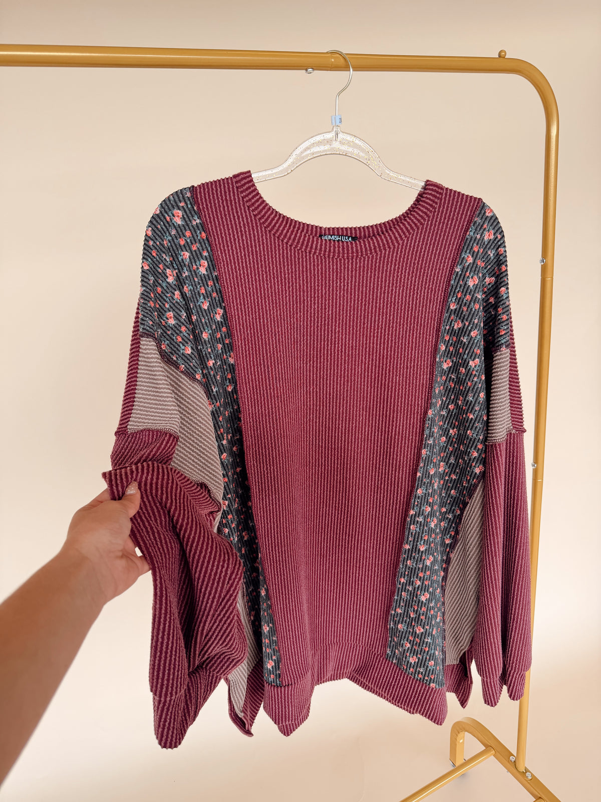 Curvy Floral and Ribbed Top in Burgundy