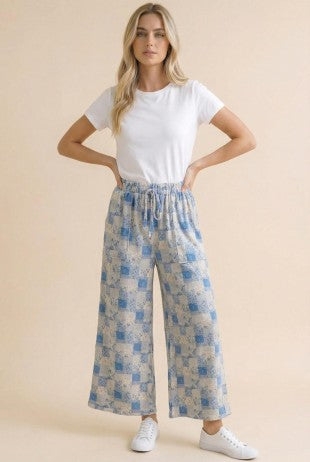 Wide Leg Crop Floral Patchwork Pants in Light Blue