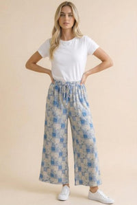 Wide Leg Crop Floral Patchwork Pants in Light Blue