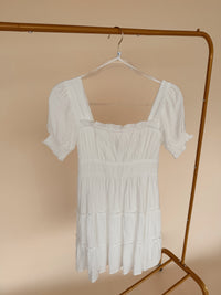 Square Neck Smocked Detail Tiered Mini Dress in White