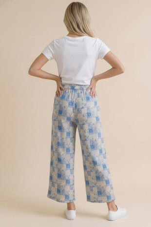 Wide Leg Crop Floral Patchwork Pants in Light Blue