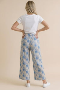 Wide Leg Crop Floral Patchwork Pants in Light Blue