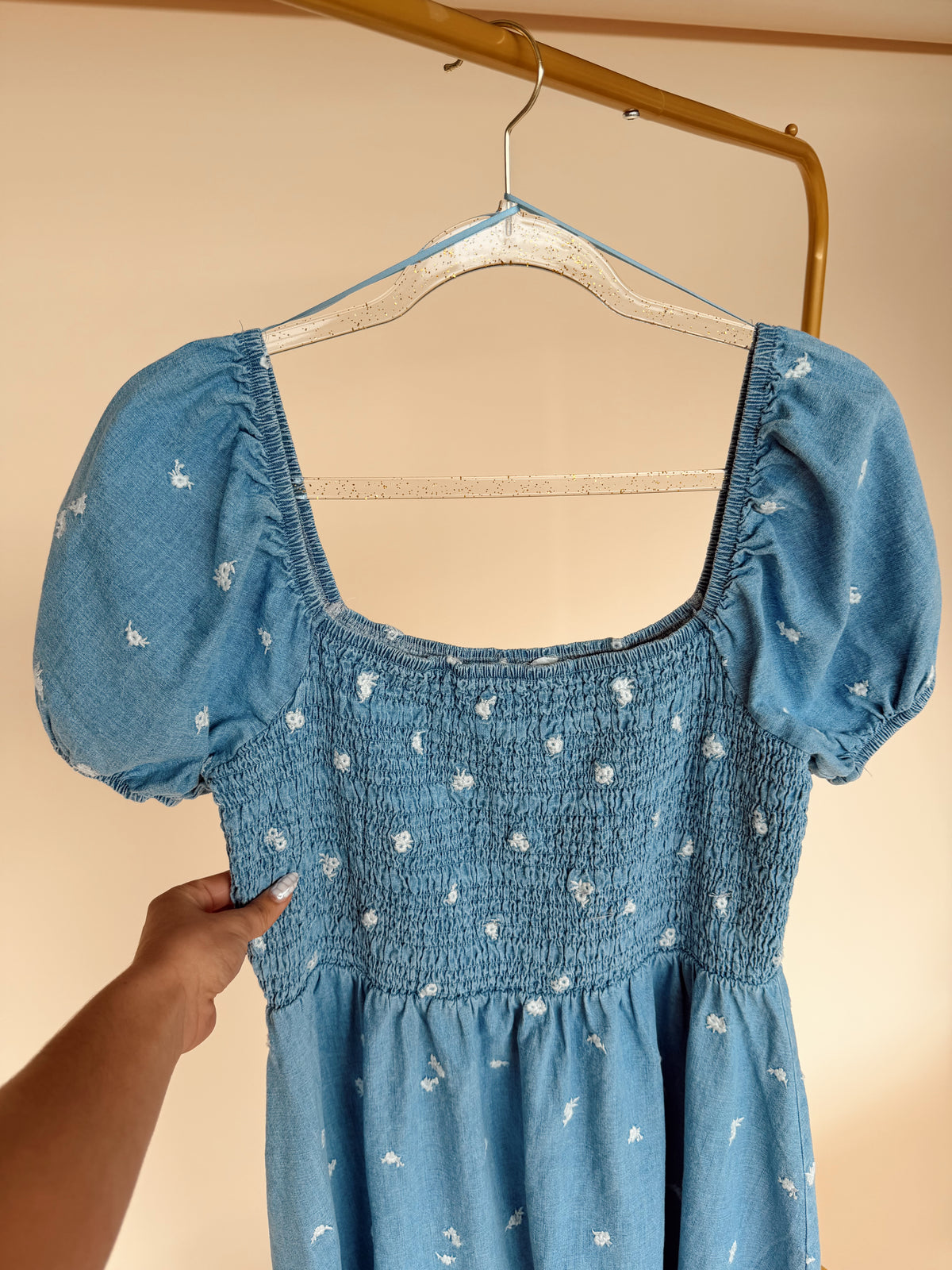 Curvy Floral Embroidery Midi Dress Denim