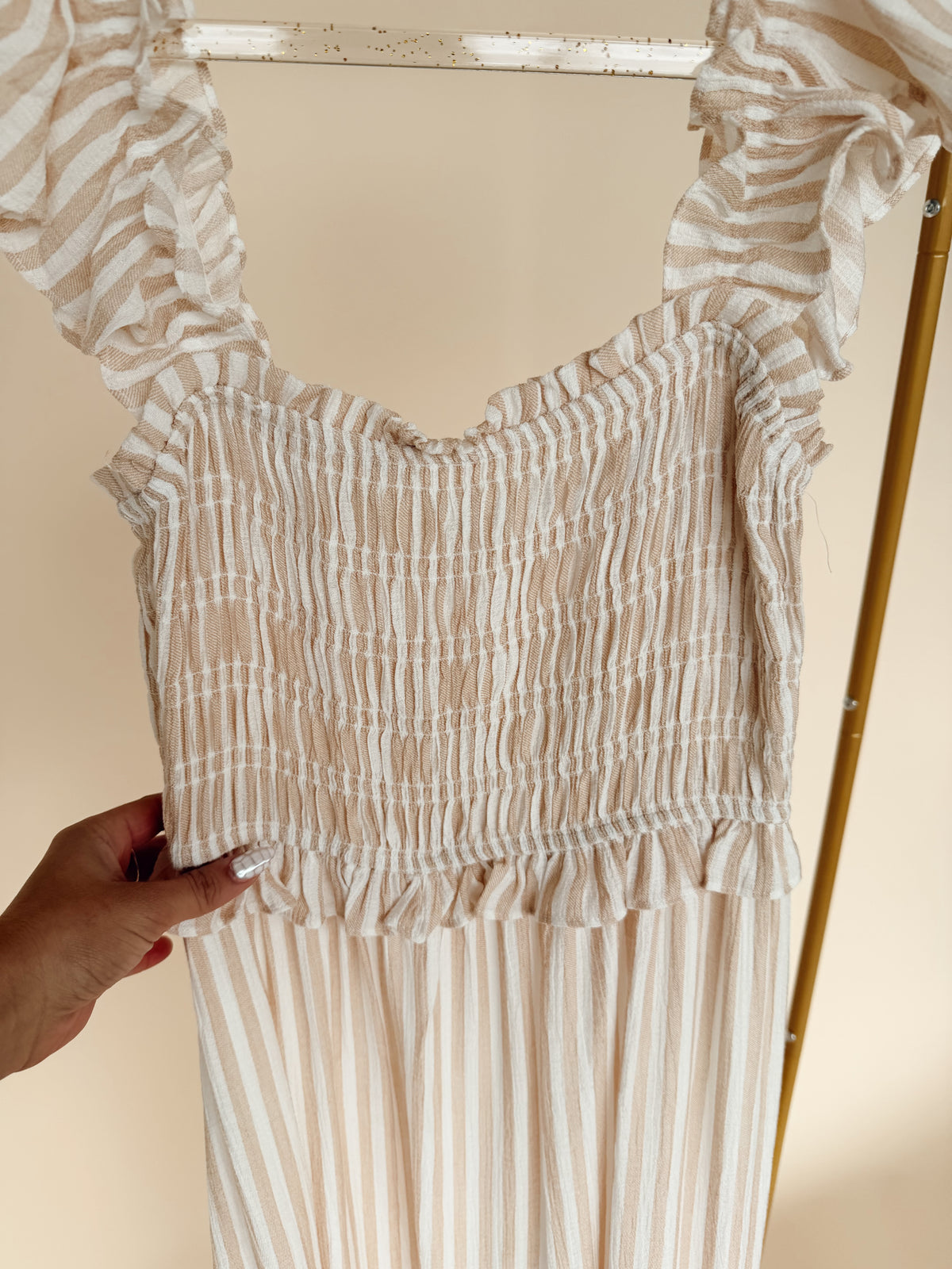 Stripe Smocked Detail Dress Light Khaki