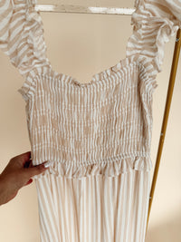 Stripe Smocked Detail Dress Light Khaki