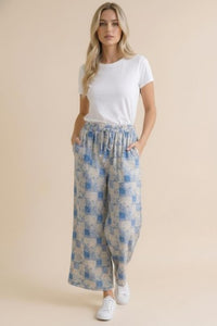 Wide Leg Crop Floral Patchwork Pants in Light Blue