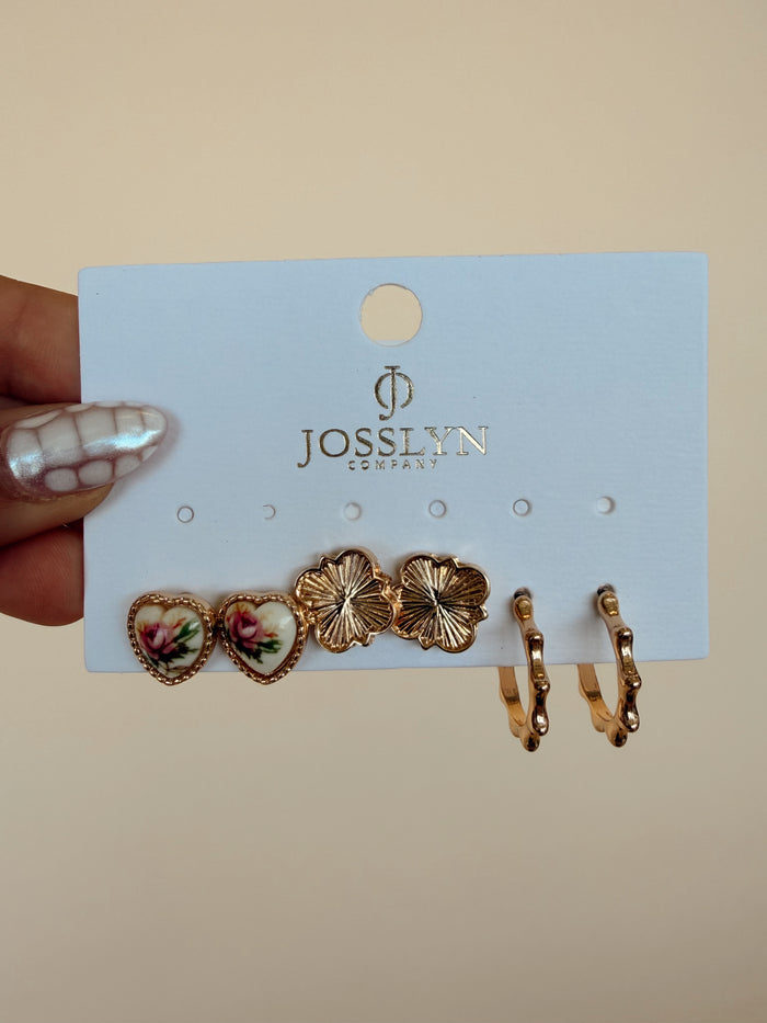 Heart Floral Trio Earrings in Pink