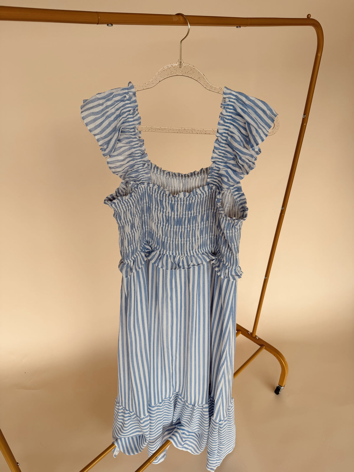 Curvy Striped Smocked Midi Dress in Blue
