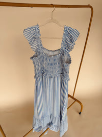 Curvy Striped Smocked Midi Dress in Blue