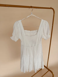 Square Neck Smocked Detail Tiered Mini Dress in White
