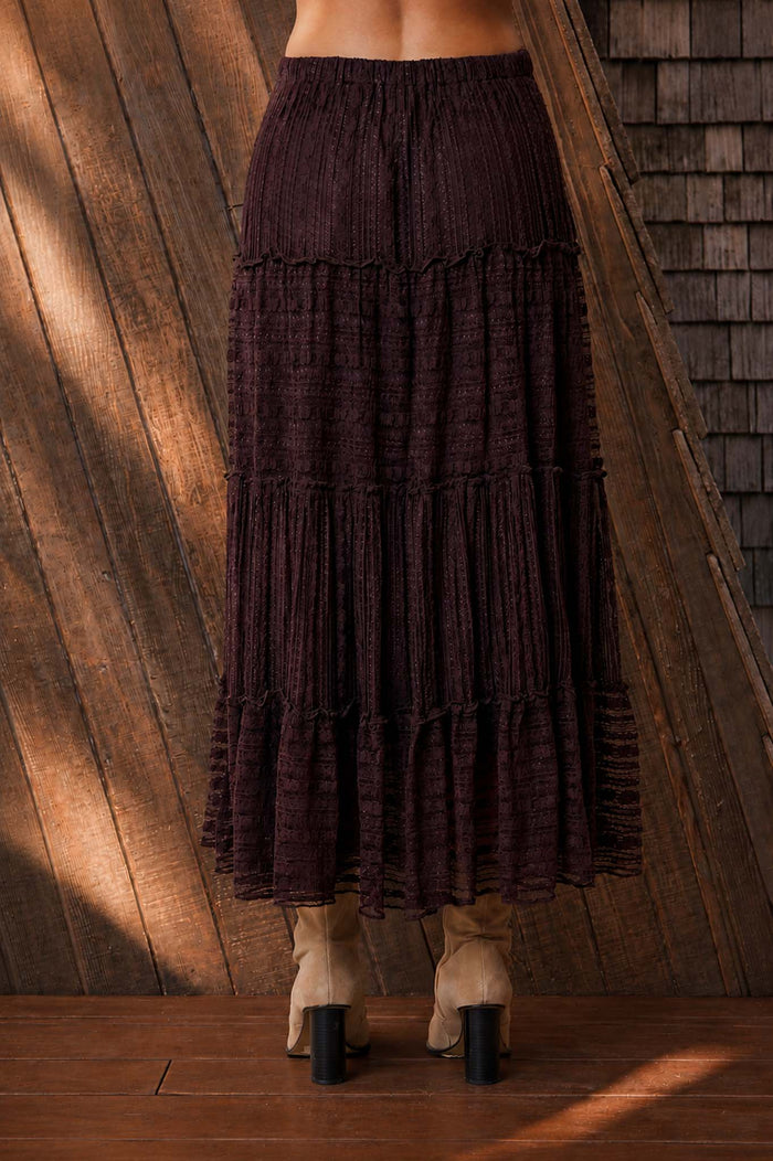 Textured Ruffle Tiered Midi Skirt in Chocolate Brown