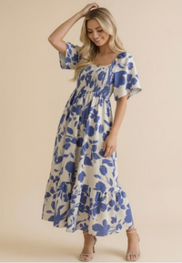 Floral Print Woven Maxi Dress in Blue/Ivory