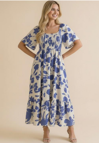 Floral Print Woven Maxi Dress in Blue/Ivory