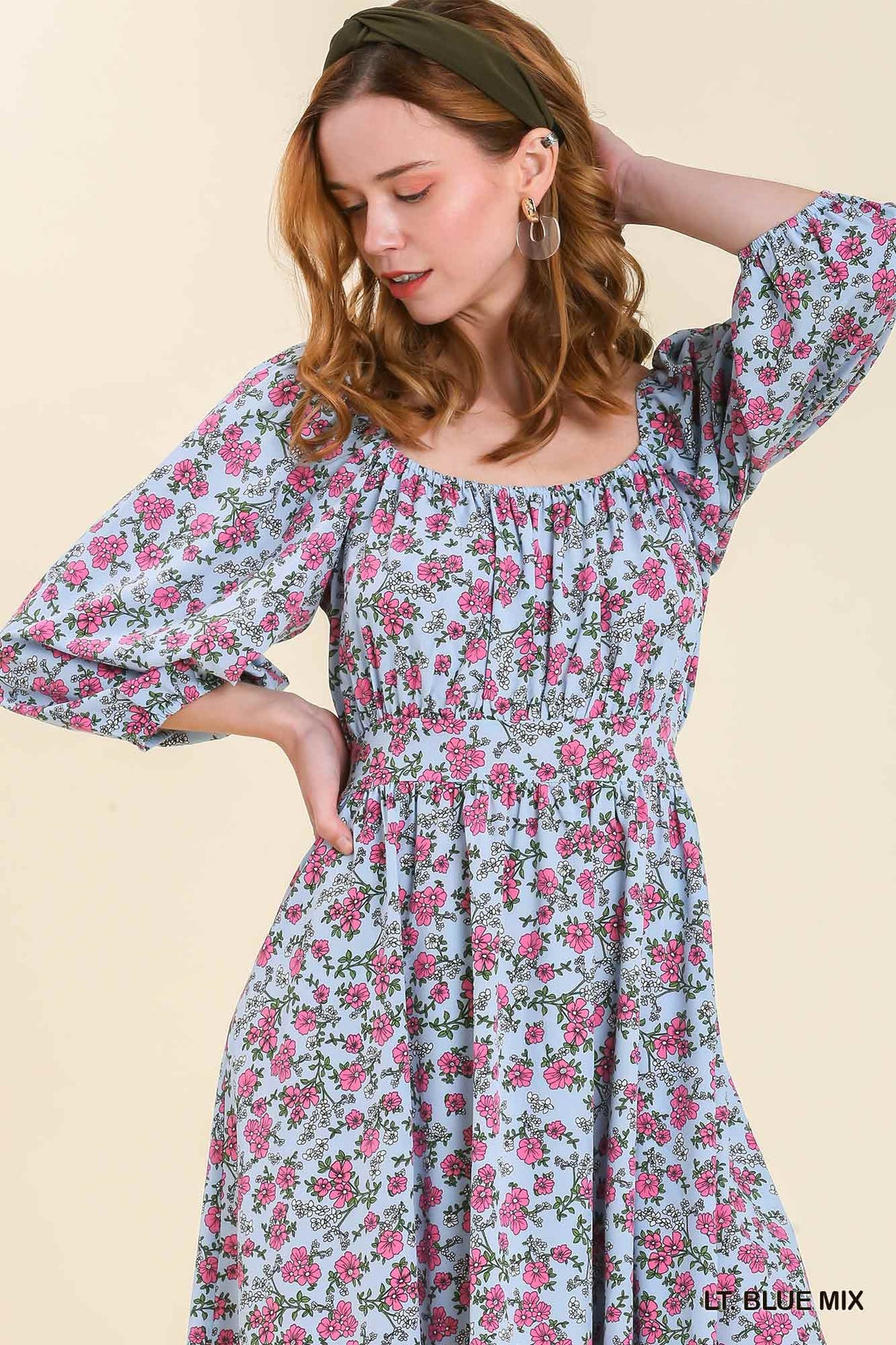 Floral Midi Dress in Blue Mix