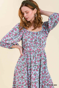 Floral Midi Dress in Blue Mix