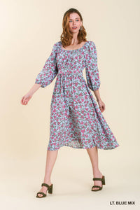 Floral Midi Dress in Blue Mix