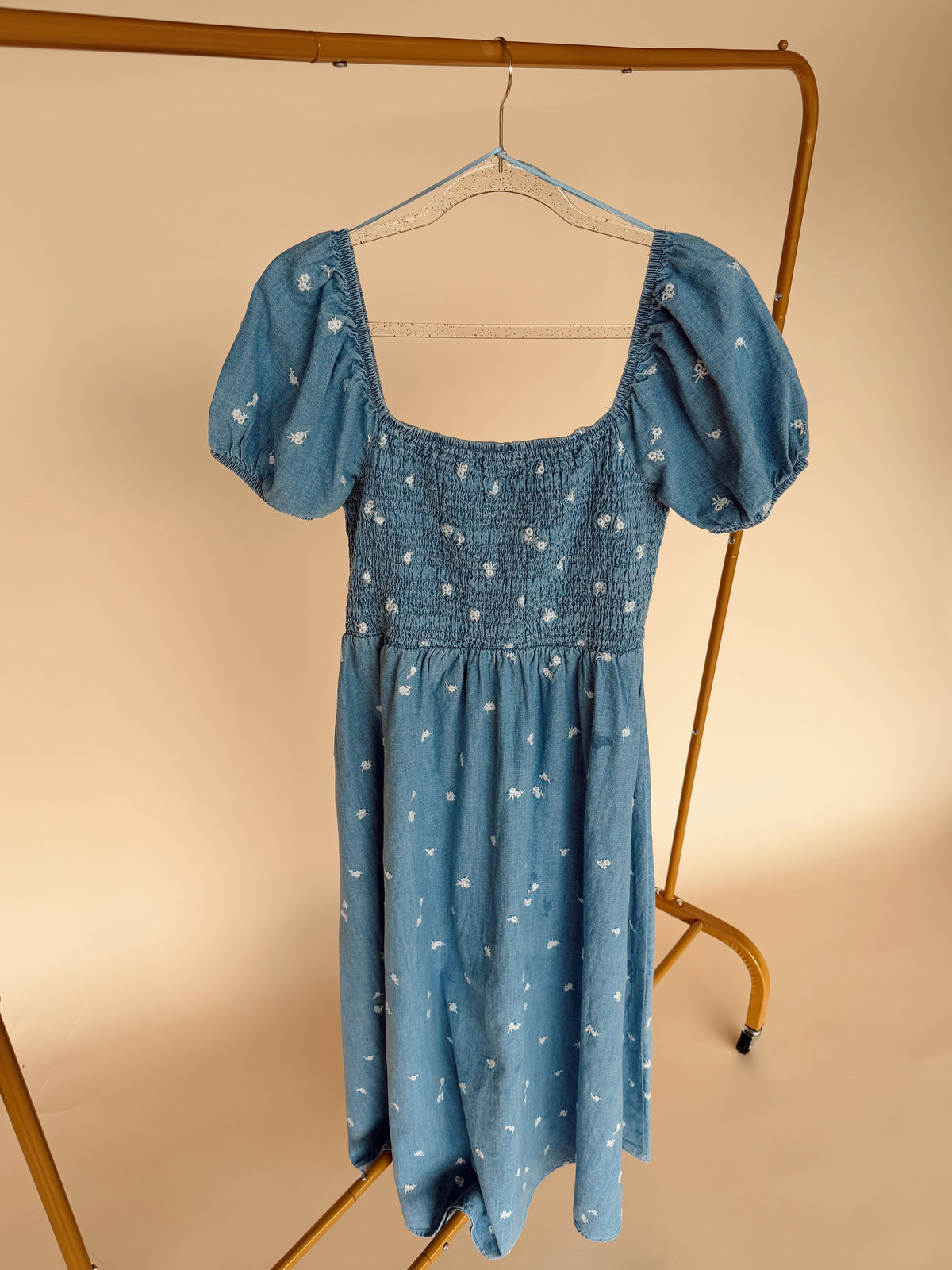 Curvy Floral Embroidery Midi Dress Denim