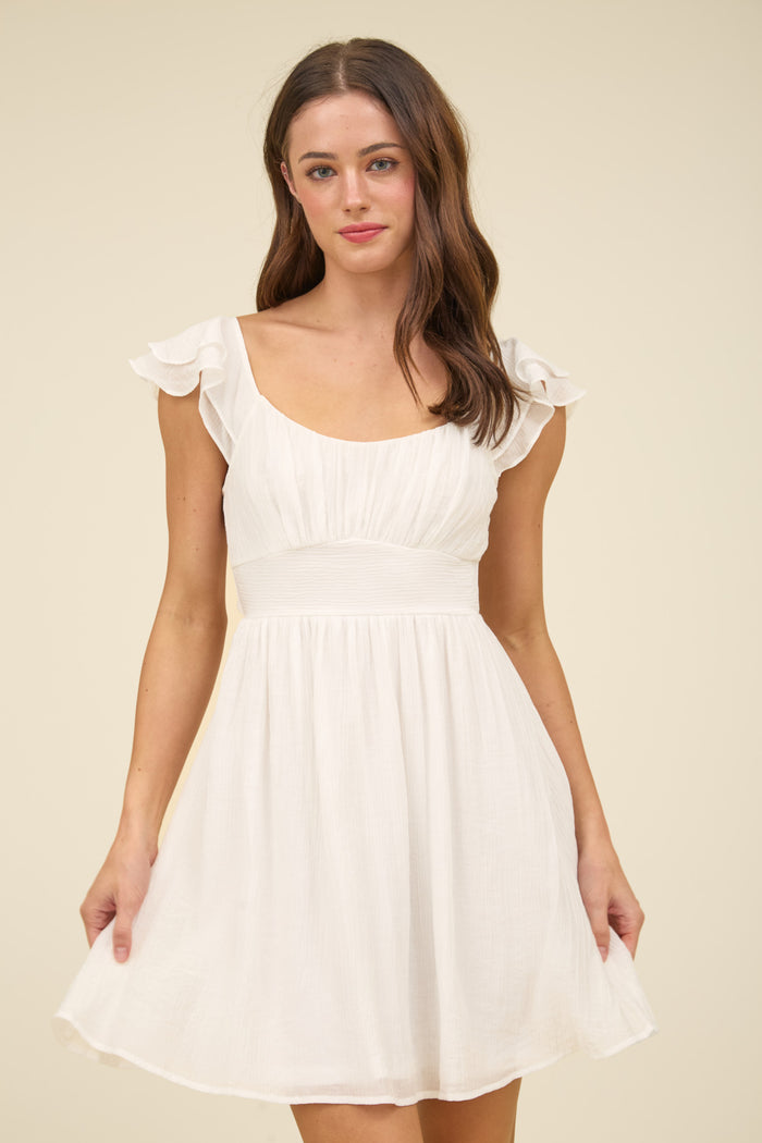 Ruffle Sleeve Back Tie Mini Dress in White