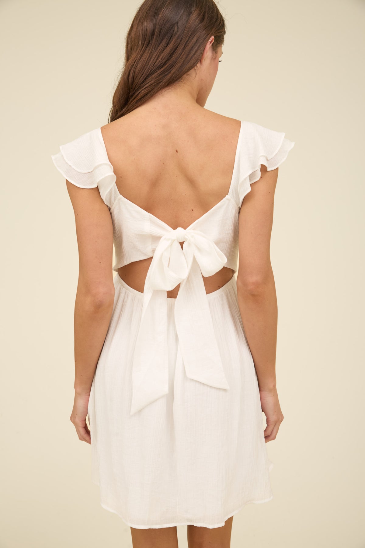 Ruffle Sleeve Back Tie Mini Dress in White
