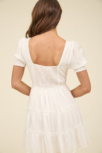 Square Neck Smocked Detail Tiered Mini Dress in White