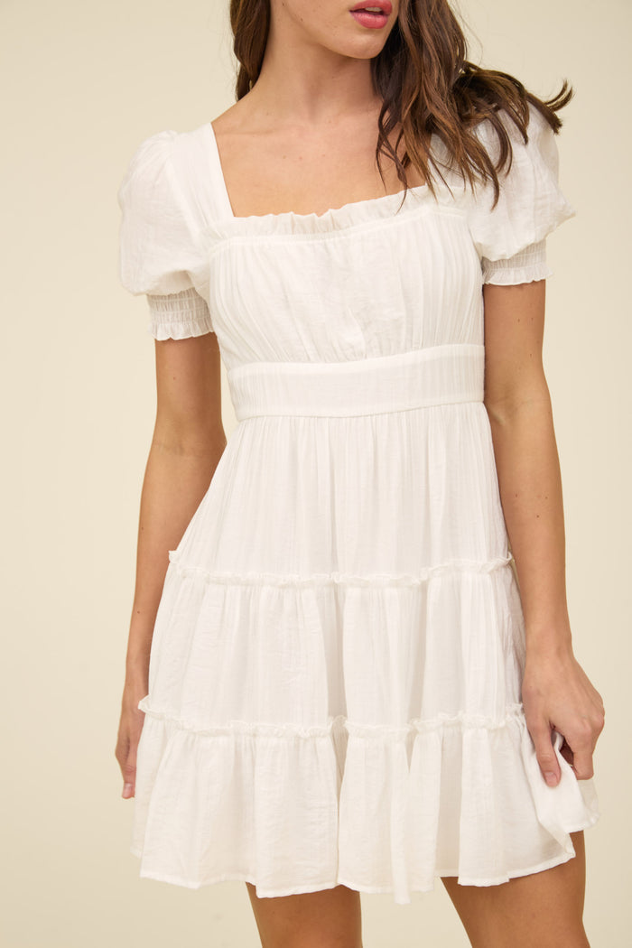 Square Neck Smocked Detail Tiered Mini Dress in White