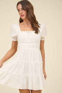 Square Neck Smocked Detail Tiered Mini Dress in White
