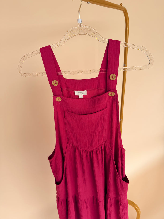 Solid Button Sling Tiered Midi Dress in Wild Berry