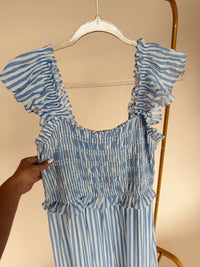 Curvy Striped Smocked Midi Dress in Blue
