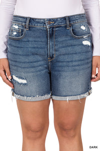 Curvy Distressed Cuffed Raw Hem Shorts Dark