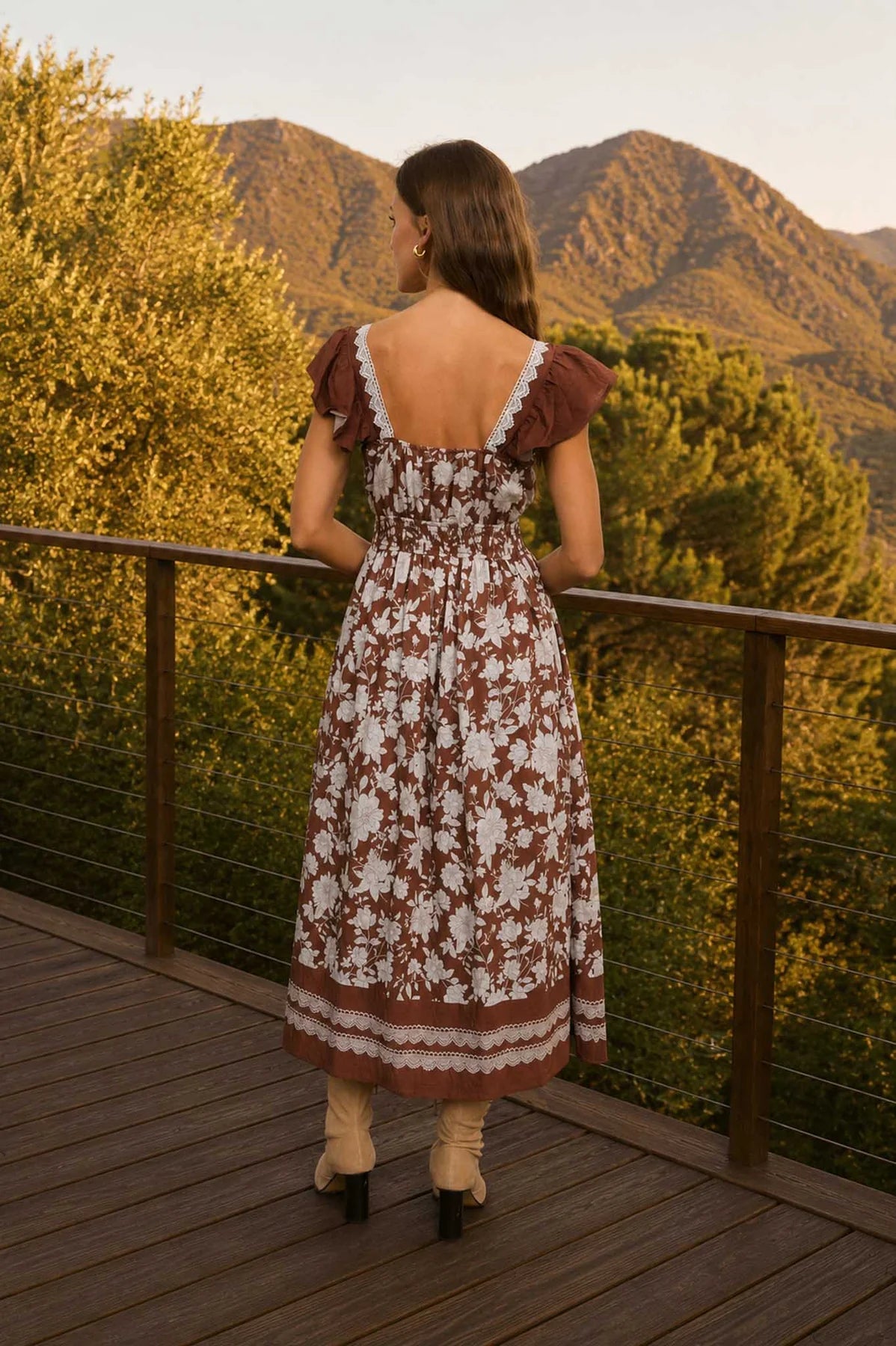 Floral Border Detail Smocked Waist Midi Dress in Brown