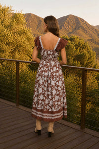 Floral Border Detail Smocked Waist Midi Dress in Brown