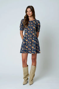 Floral Puff Sleeve Seam Denim Mini Dress