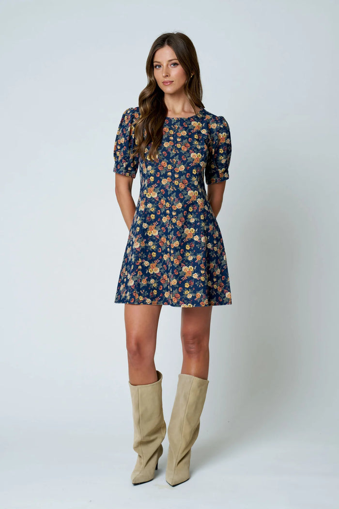 Floral Puff Sleeve Seam Denim Mini Dress