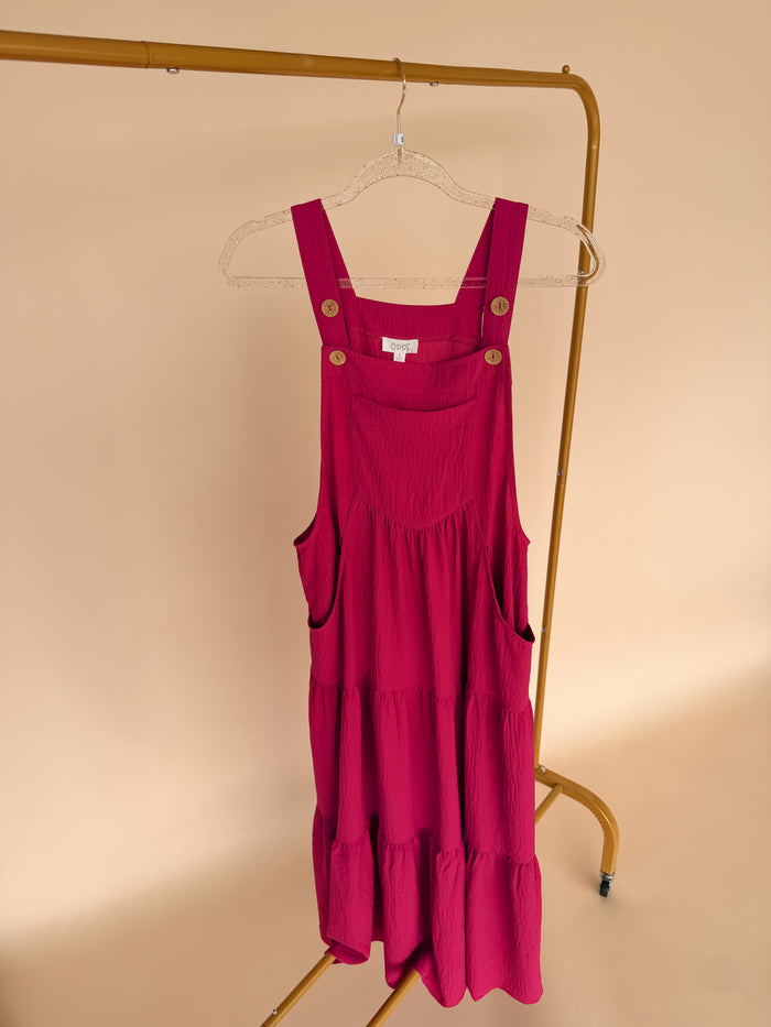 Solid Button Sling Tiered Midi Dress in Wild Berry