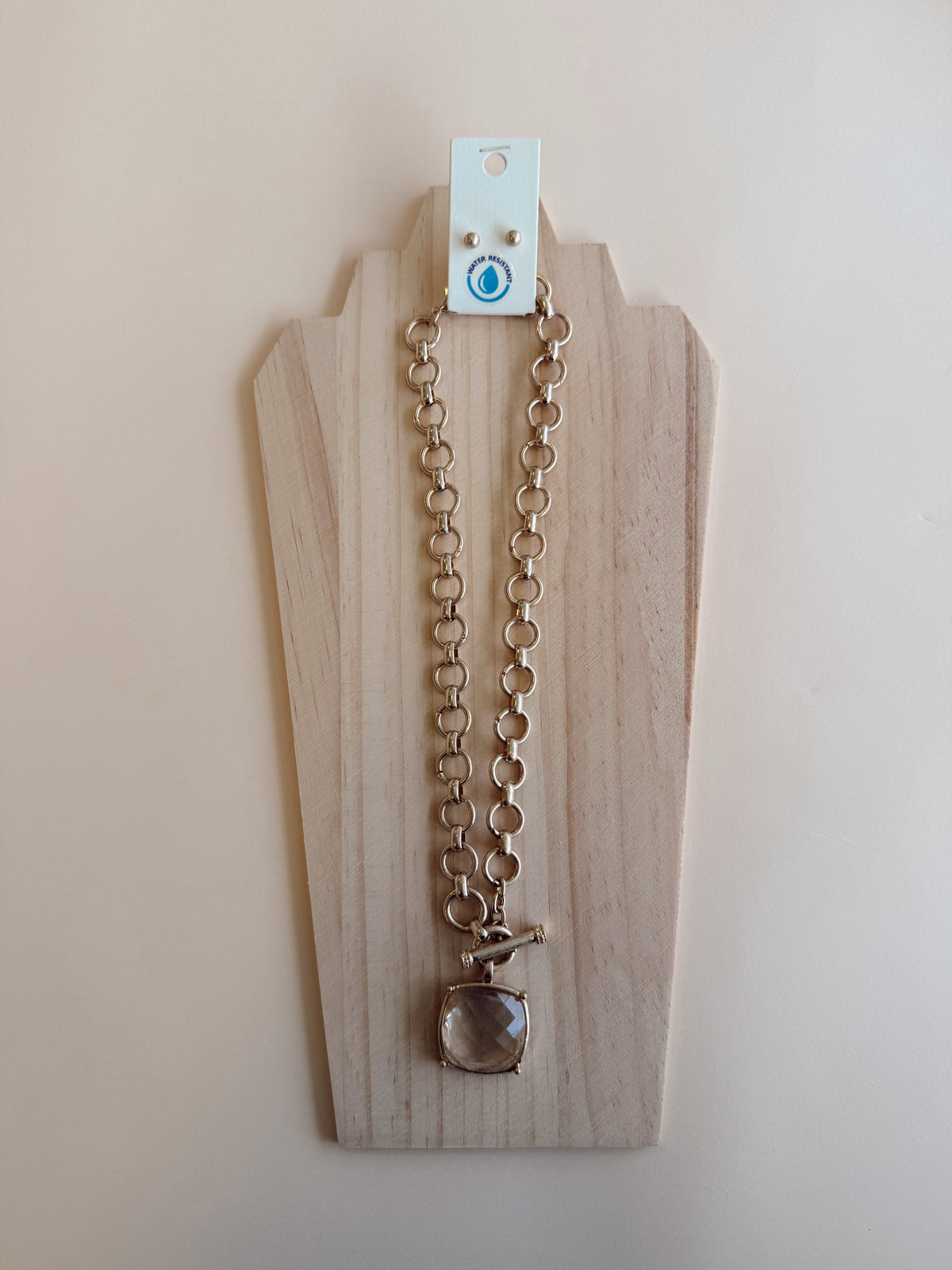 Square Stone Pendant Necklace Set w/ Stud Earrings