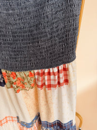 Smocked Denim Patchwork Dress