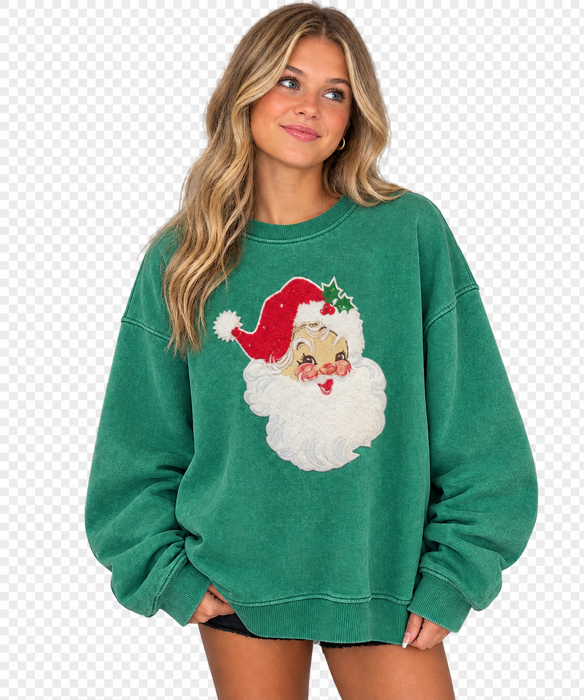 Acid Wash OS Fleece Pullover in K Green With Santa