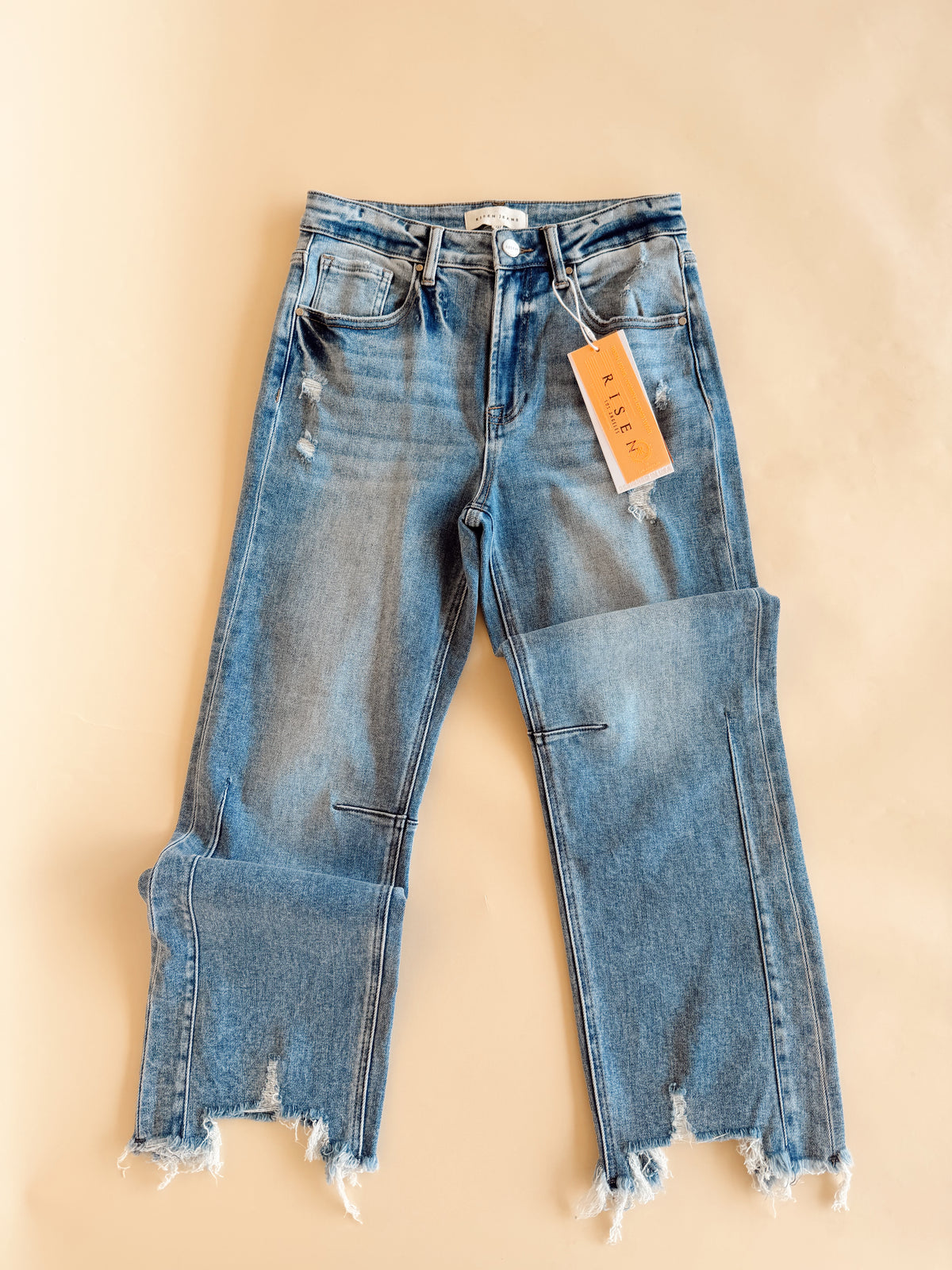 High Rise Crop Straight Distressed Hem Jean