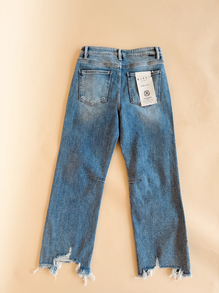 High Rise Crop Straight Distressed Hem Jean