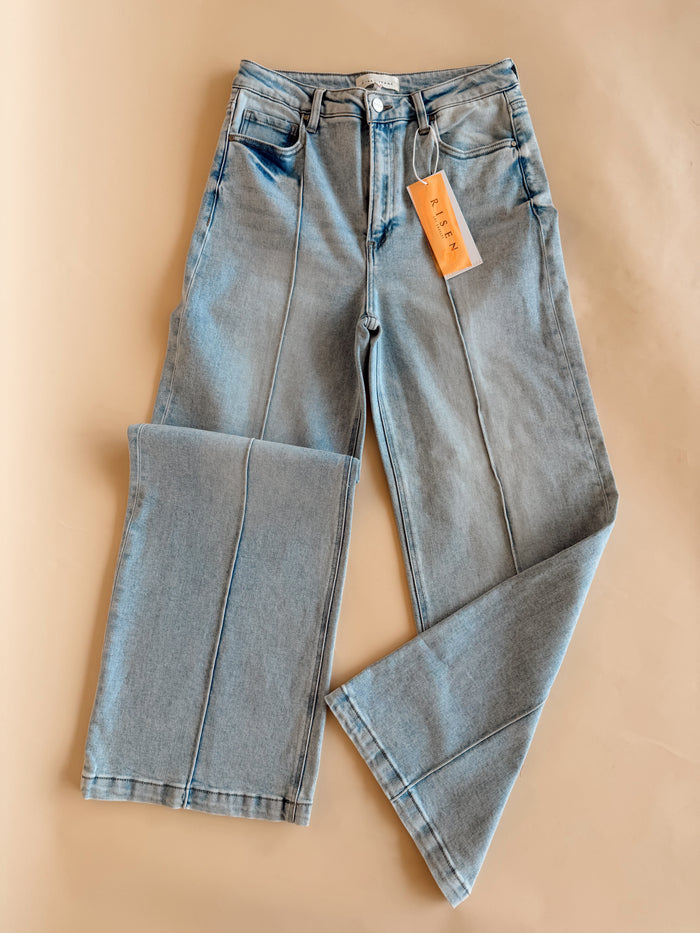 High Waist Wide Leg Pintuck Jeans - Light