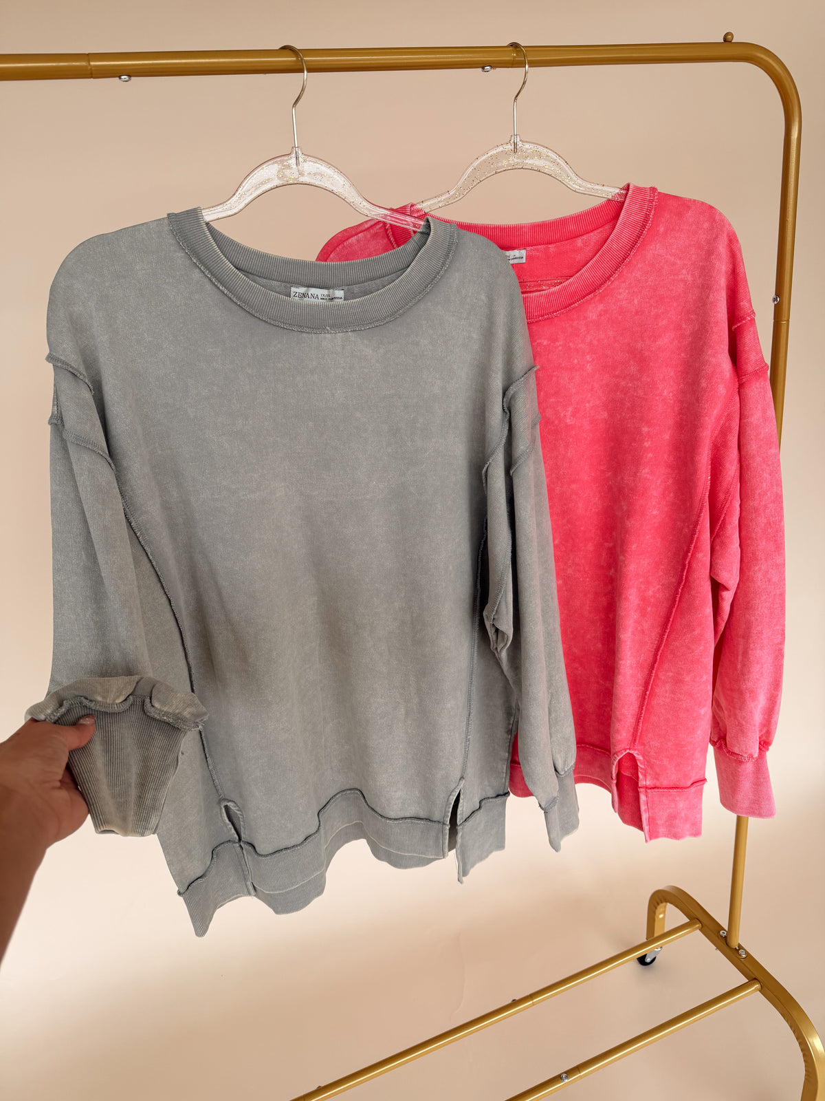 Curvy Acid Washed Exposed Hem Sweatshirt - 2 Colors!