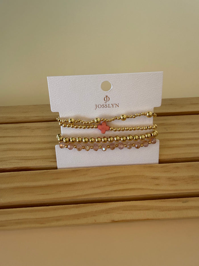 Boho Cross Colorful Beaded Stretch Bracelet Pink