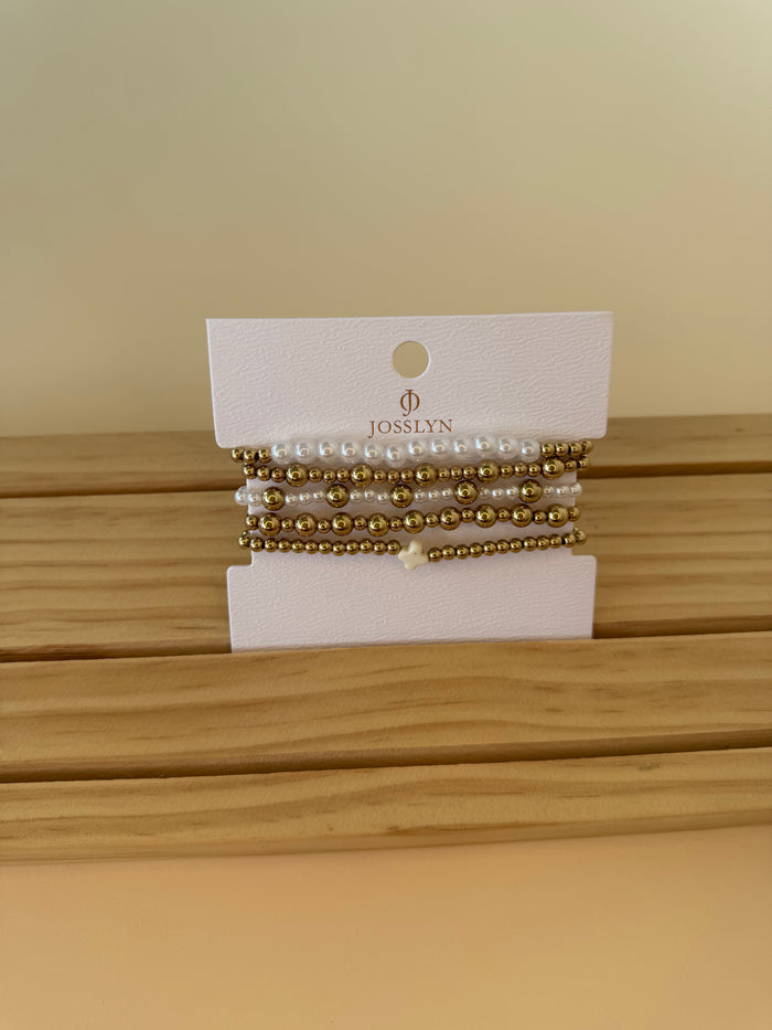 Multi Ball Pearl Chain Stretch Bracelet Gold