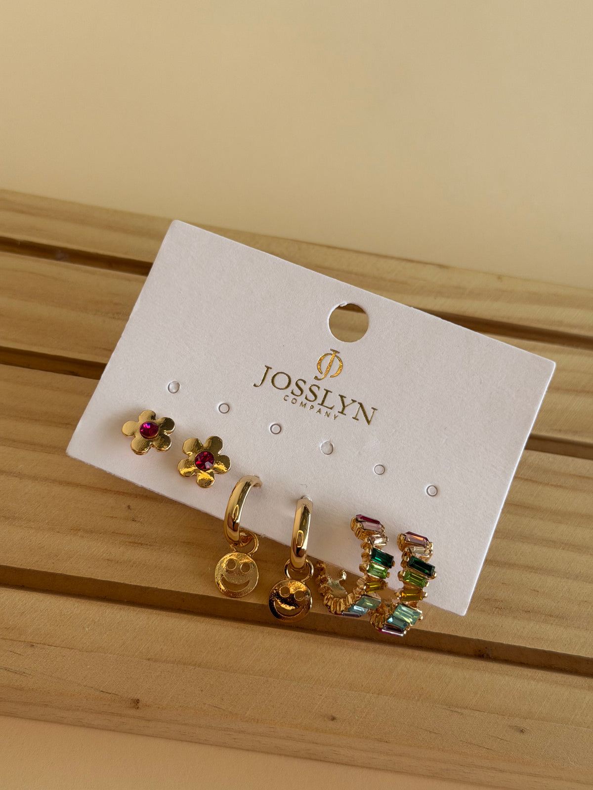 Rainbow Crystal, Smiley, & Floral Earring Trio