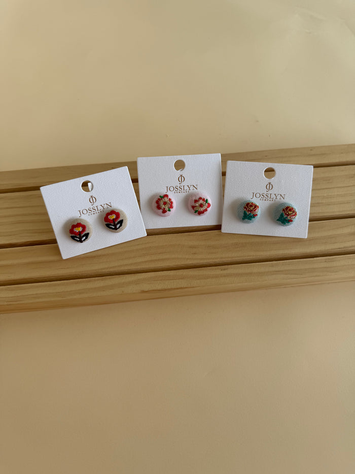 Embroidery Floral Stud Earrings- 3 Colors!