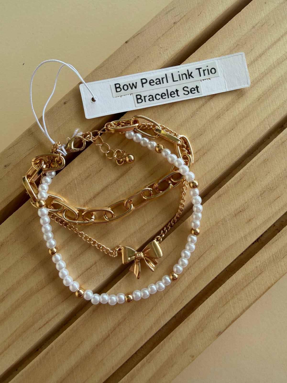 Bow Pearl Link Trio Bracelet Set