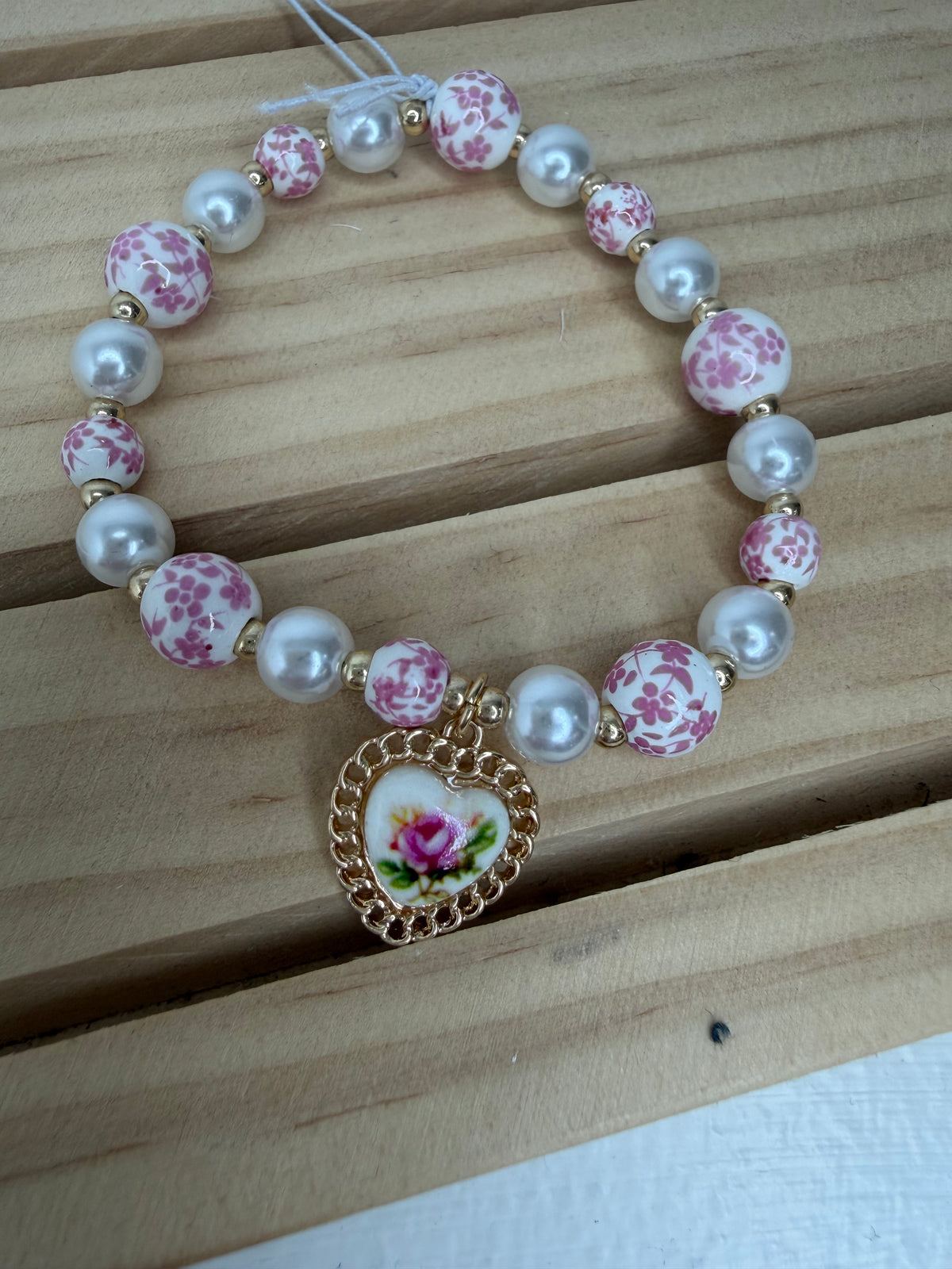 Ceramic Porcelain Pearl Mix Heart Bracelet Pink