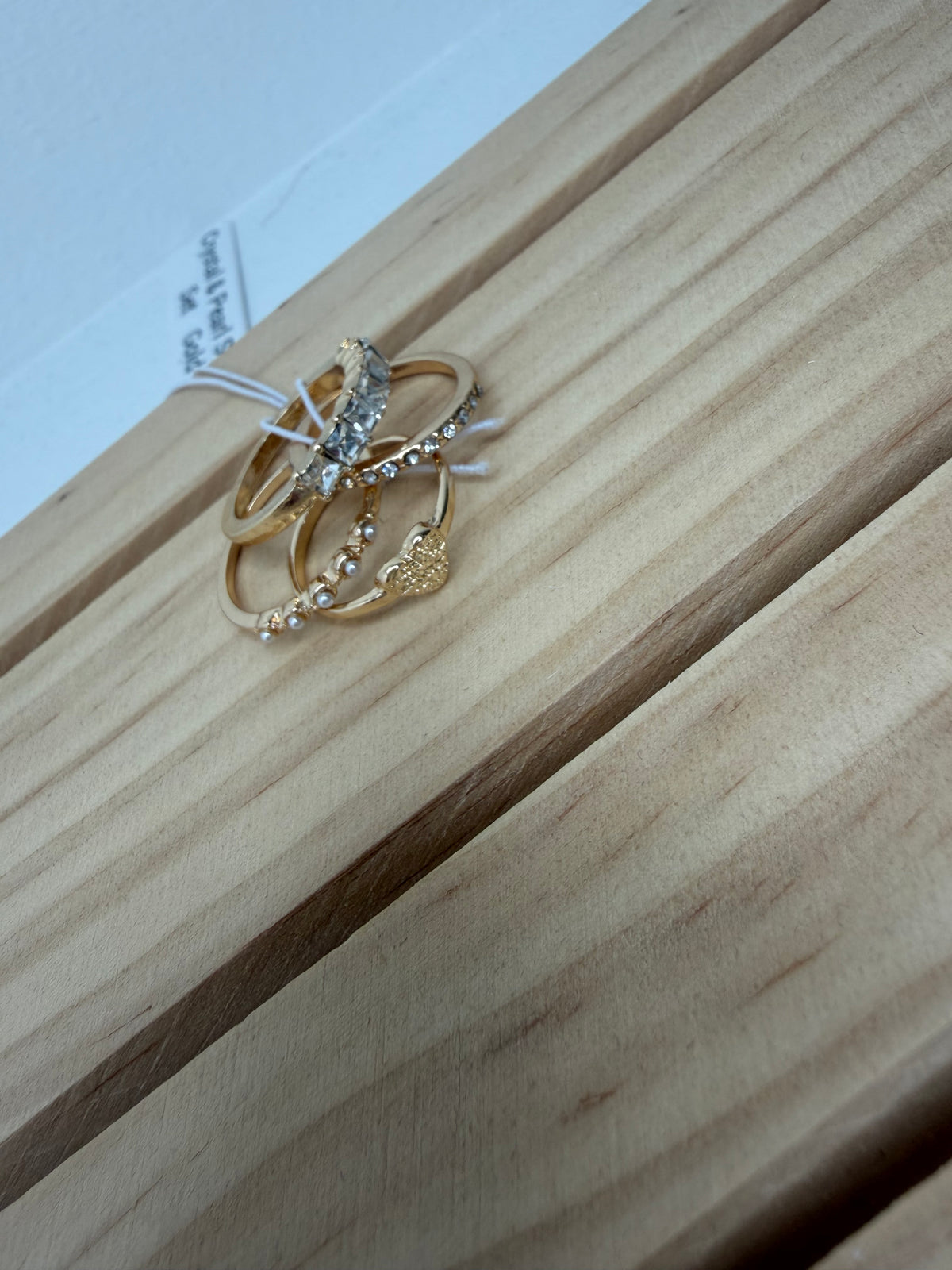 Gold Tone Crystal & Pearl Stack Ring Set