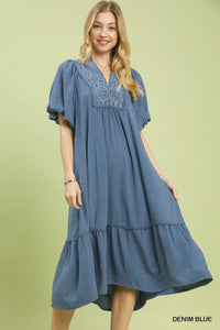 Solid Collared Midi Dress in Denim Blue